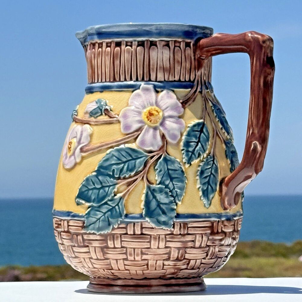 Pitcher Jug Henriksen Import Majolica Style‎ Floral Cottagecore Basketweave